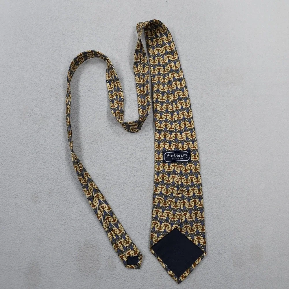VINTAGE Burberrys Tie Mens Silk Blue Gold Geometric Pattern Egyptian 90s USA